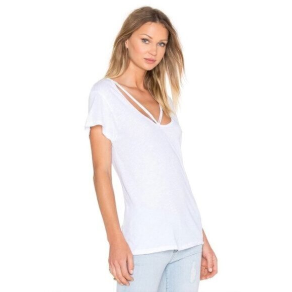 Revolve LNA Double Strap Tee T-Shirt Top White Short Sleeve V-neck Cotton Small - Picture 3 of 11